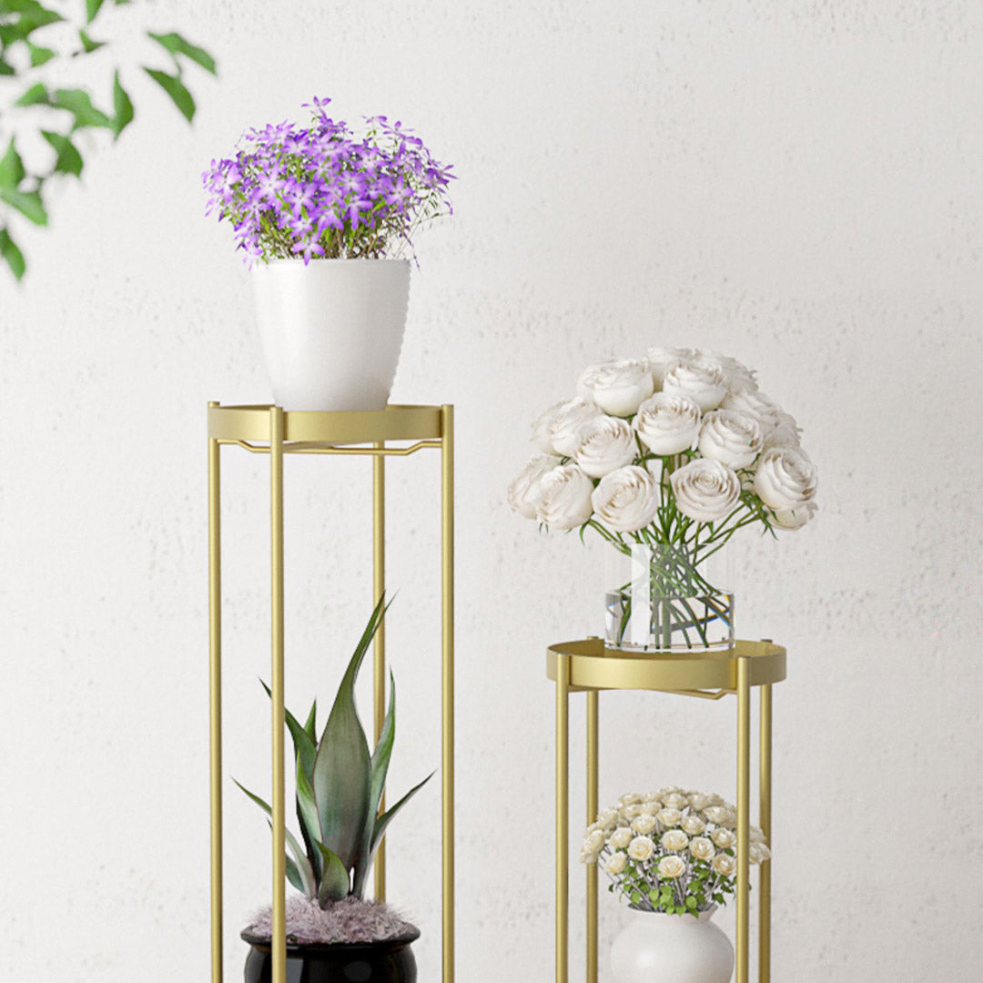 NNEAGS 4X 2 Layer 80cm Gold Metal Plant Stand Flower Pot Holder Corner Shelving Rack Indoor Display