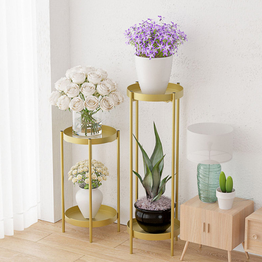 NNEAGS 4X 2 Layer 80cm Gold Metal Plant Stand Flower Pot Holder Corner Shelving Rack Indoor Display