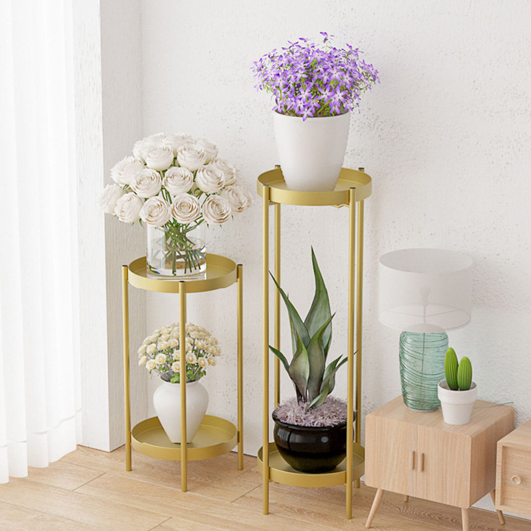 NNEAGS 4X 2 Layer 80cm Gold Metal Plant Stand Flower Pot Holder Corner Shelving Rack Indoor Display