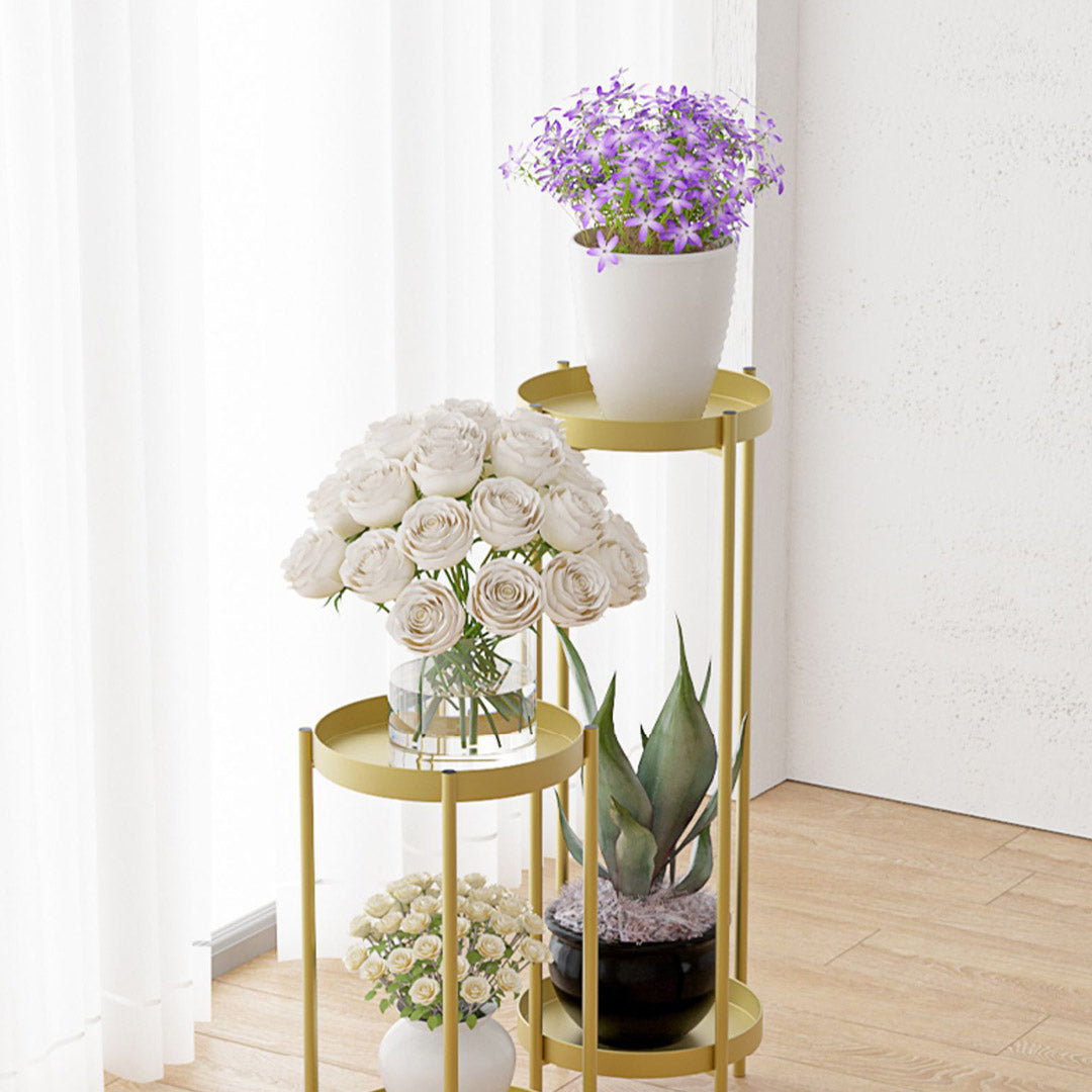 NNEAGS 4X 2 Layer 80cm Gold Metal Plant Stand Flower Pot Holder Corner Shelving Rack Indoor Display