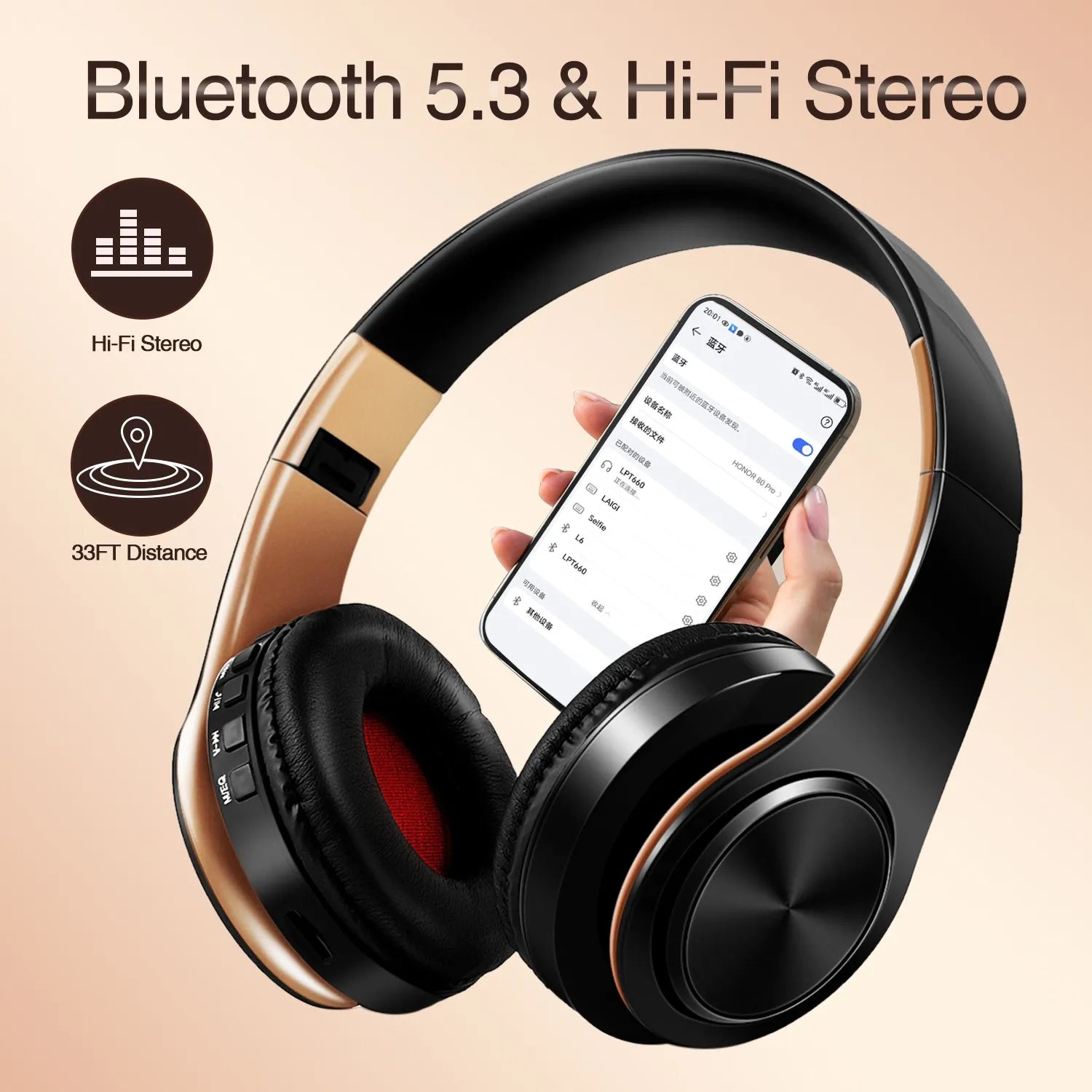 NNEOBA Wireless Bluetooth Headphones Gold